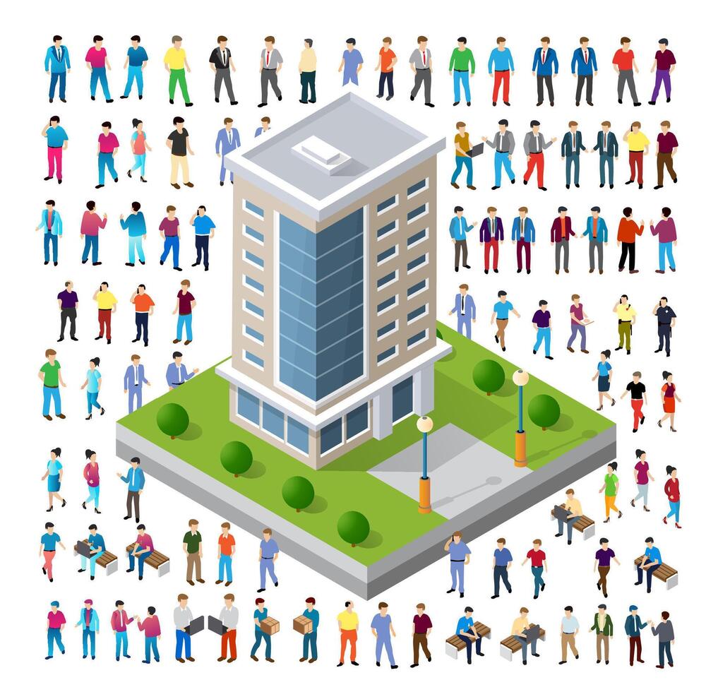 Isometric illustration of people standing in front of a building vector