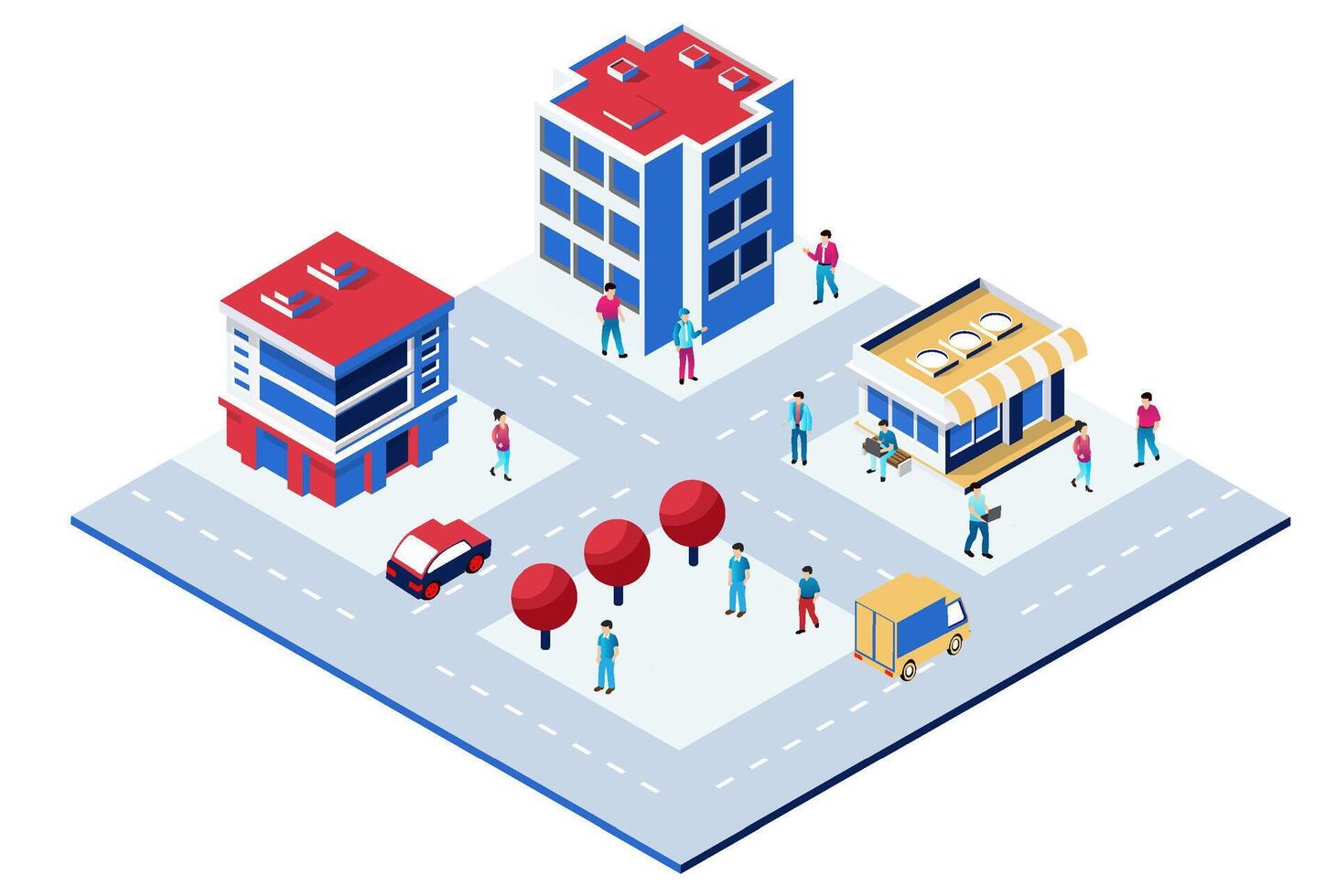 Isometric illustration of people walking around a city vector