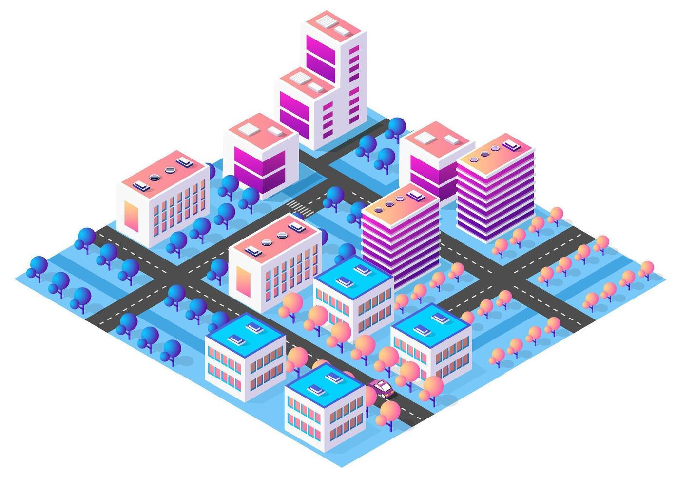 Modern isometric smart city with skyscrapers, roads, cars and trees vector
