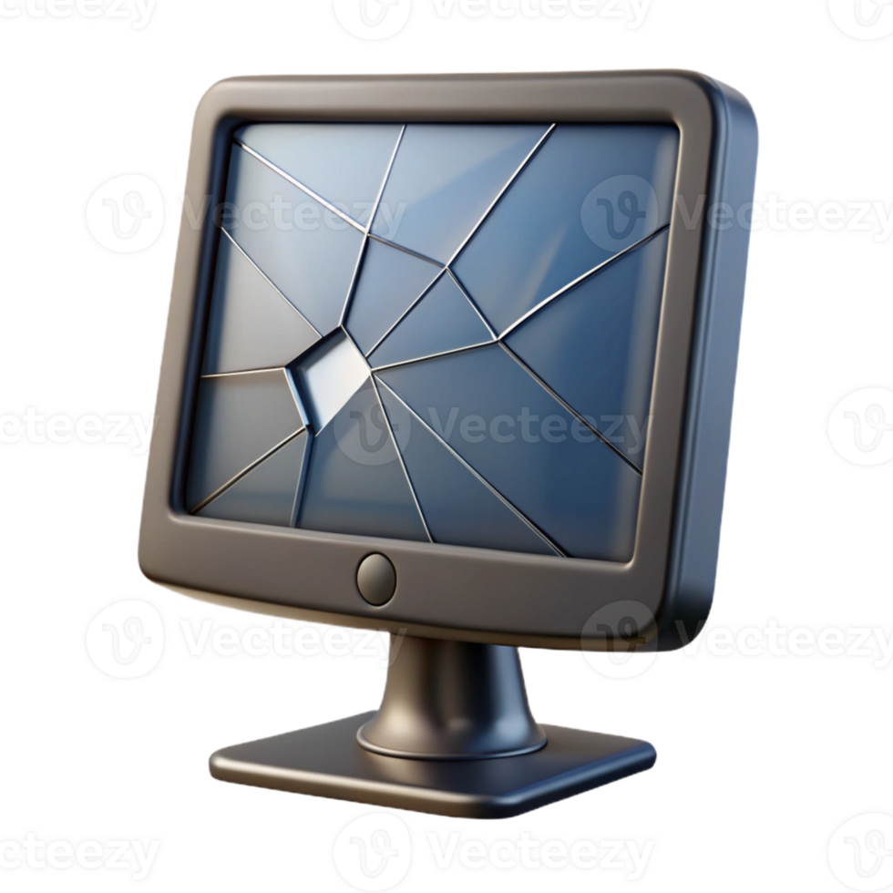 unforgettable mid-century Photorealistic, ultra-detailed, isolated cutout of a single, cracked LCD monitor displaying static with Transparent Background 8K png