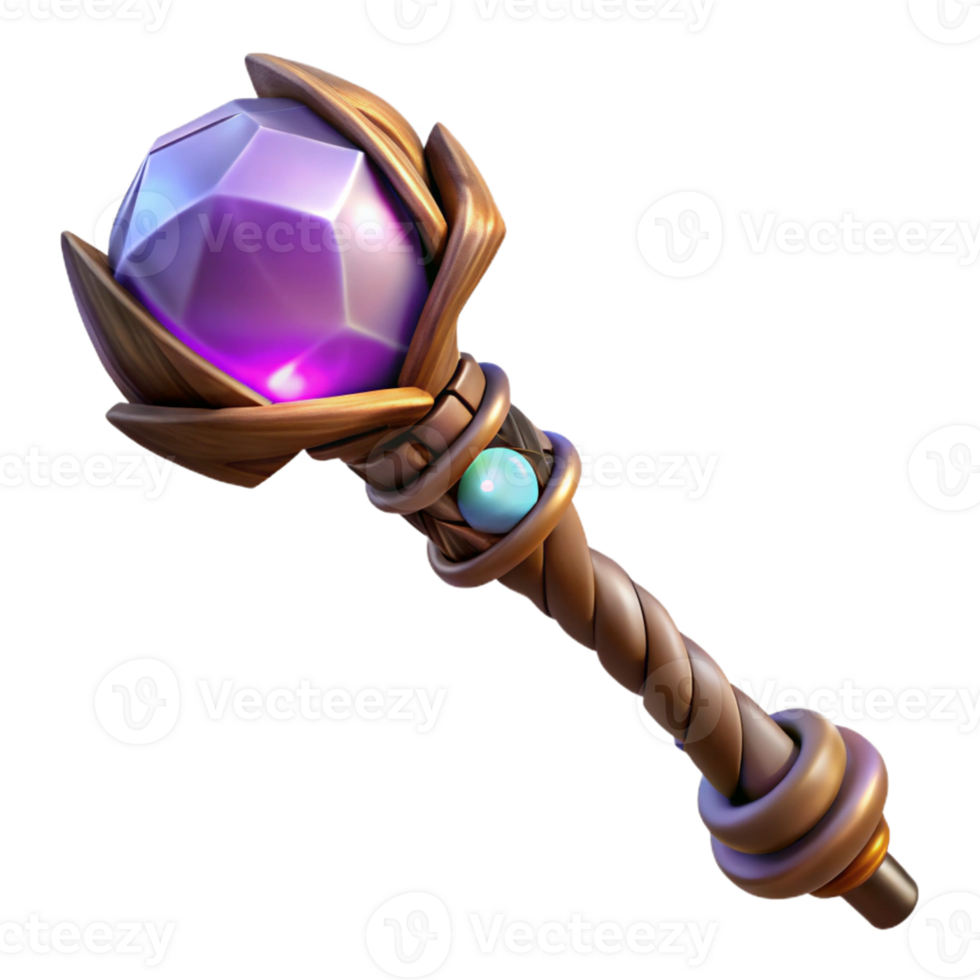 serene distinctive Photorealistic, ultra-detailed, isolated cutout of a single, gnarled wizard's staff topped with a glowing crystal orb with Transparent Background png