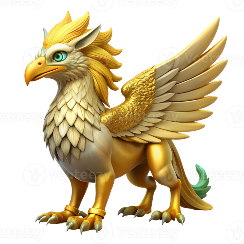 spectacular passionate futuristic A majestic griffin with golden feathers and emerald eyes with Transparent Background expertly shot png