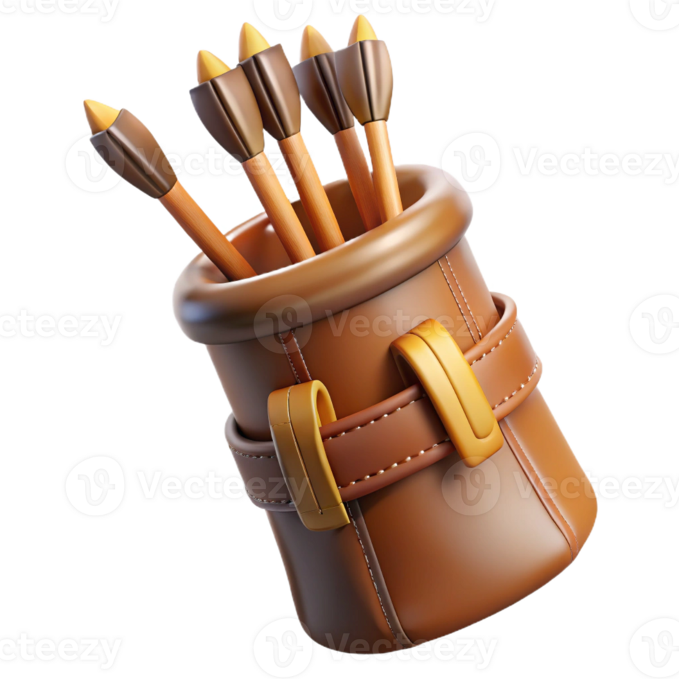 mysterious extraordinary Hyper-specific, professional render of a leather-bound quiver full of feathered arrows with Transparent Background flawless png
