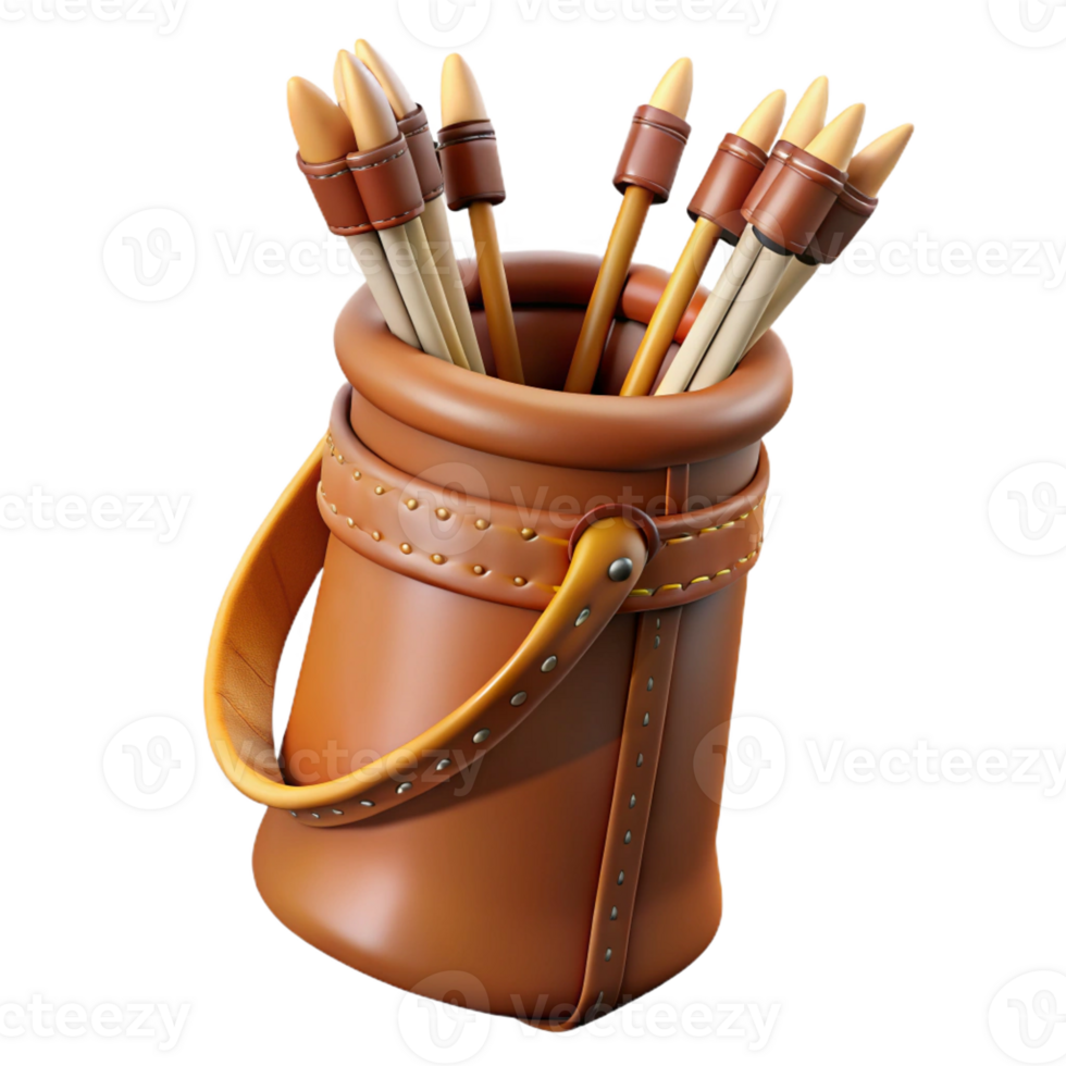 wonderful dreamy artistic Hyper-specific, professional render of a leather-bound quiver full of feathered arrows with Transparent Background flawless png