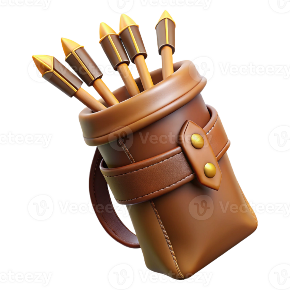peaceful beautiful Hyper-specific, professional render of a leather-bound quiver full of feathered arrows with Transparent Background genuine png