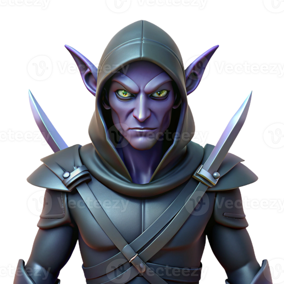 vibrant standout A menacing dark elf assassin with twin daggers with Transparent Background png