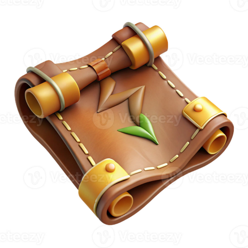 sumptuous tropical Hyper-specific, professional render of a worn, leather-bound map with intricate details with Transparent Background crisp png
