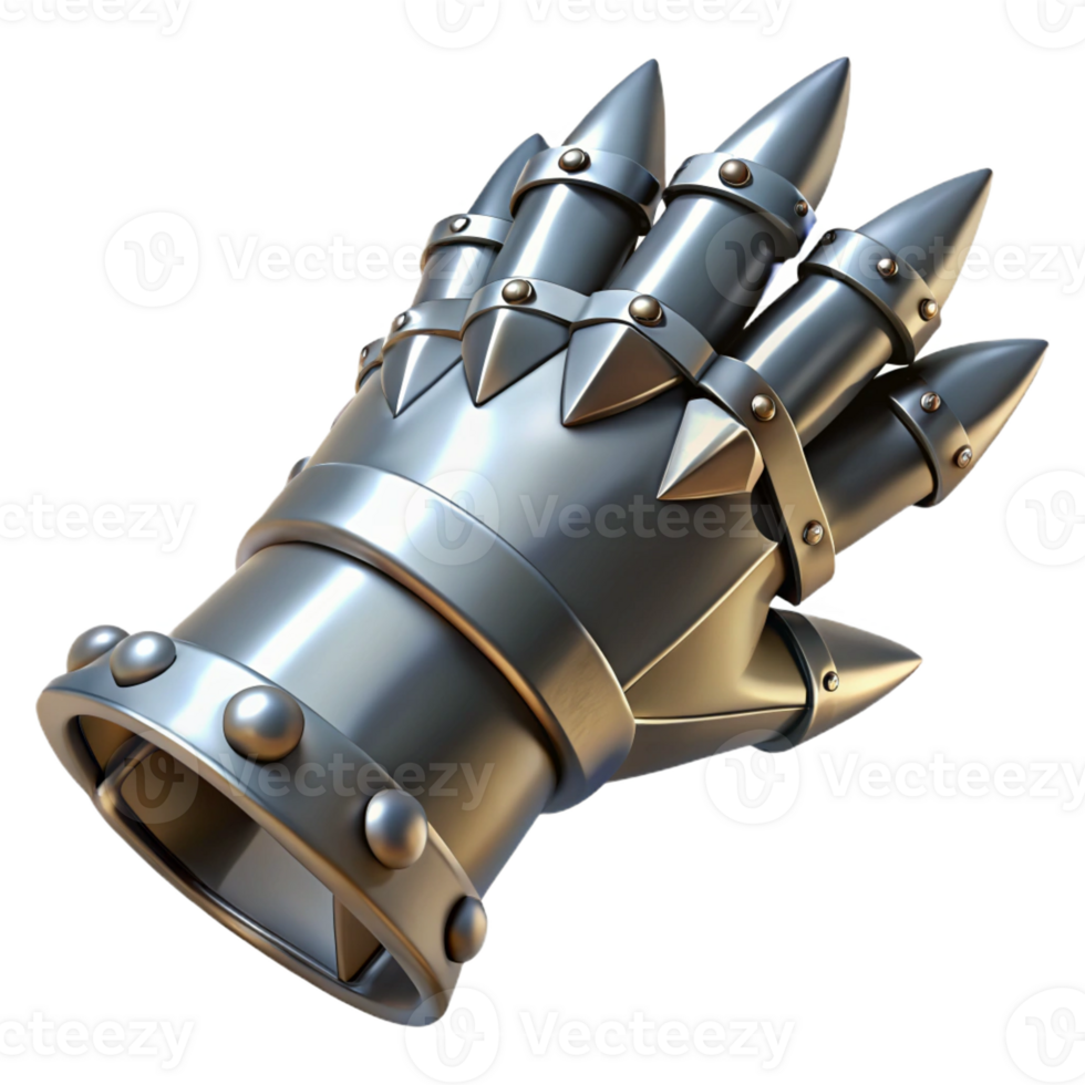 sumptuous distinguished Hyper-specific, professional render of a single, gleaming, metal gauntlet with spikes with Transparent Background png