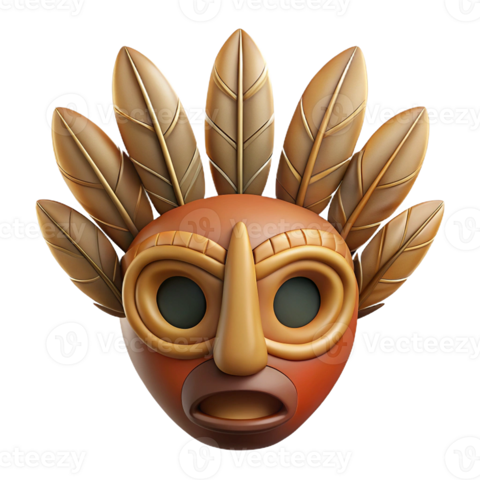 reflective captivating Photorealistic, ultra-detailed, isolated cutout of a single, intricately carved wooden mask with feathers with Transparent Background impeccable png