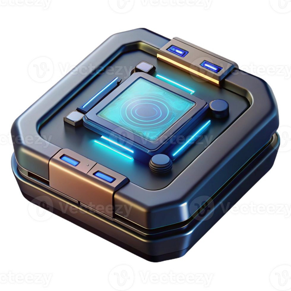 pristine geometric Hyper-specific, professional render of a futuristic, sleek, black data pad with holographic interface, isolated cutout Ultra-detailed with Transparent Background precision png