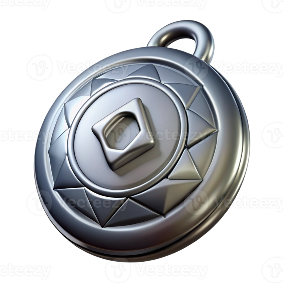pristine artistic Hyper-specific, professional render of a single, tarnished, silver amulet with a mystical symbol with Transparent Background luxury png