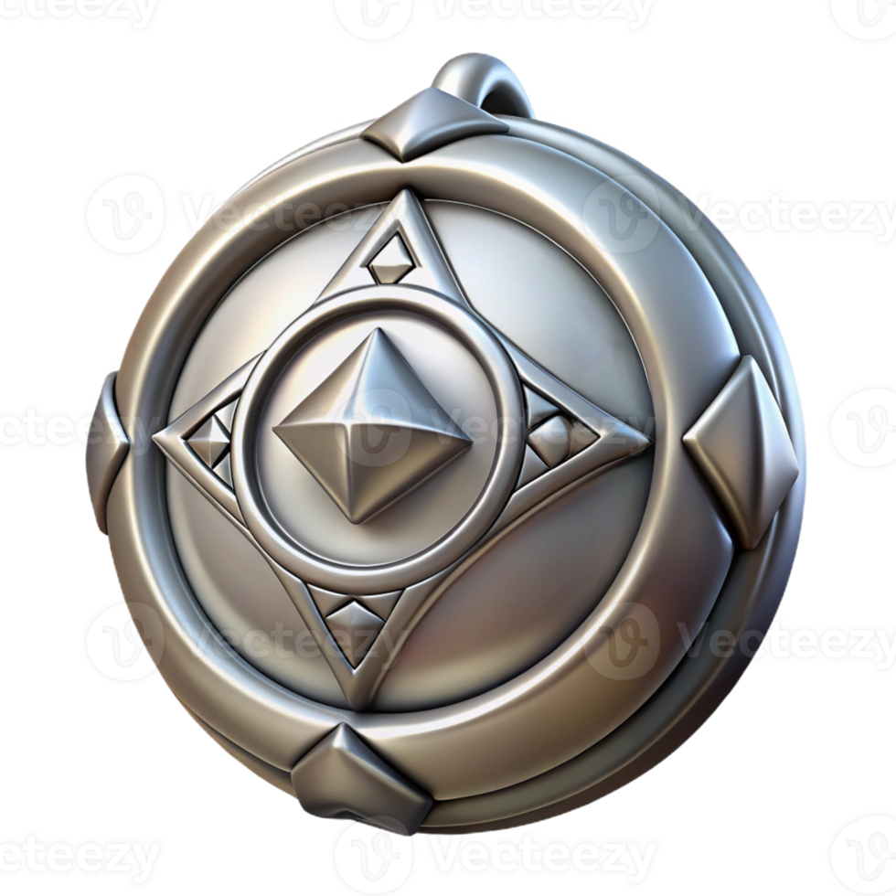 picturesque energetic mid-century Hyper-specific, professional render of a single, tarnished, silver amulet with a mystical symbol with Transparent Background fine detail png