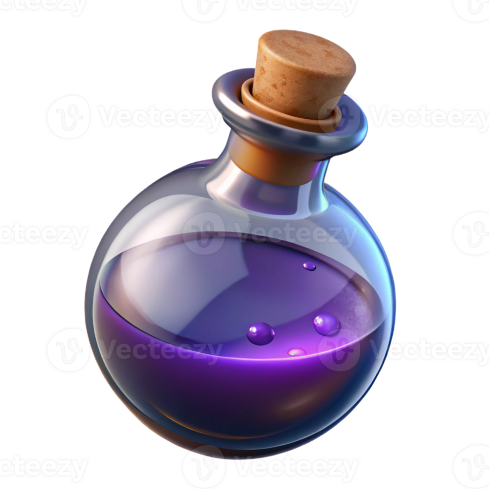 standout impressionist Photorealistic, hyper-specific professional render of a single, magical potion bottle, swirling liquid, cork stopper with Transparent Background fine detail png