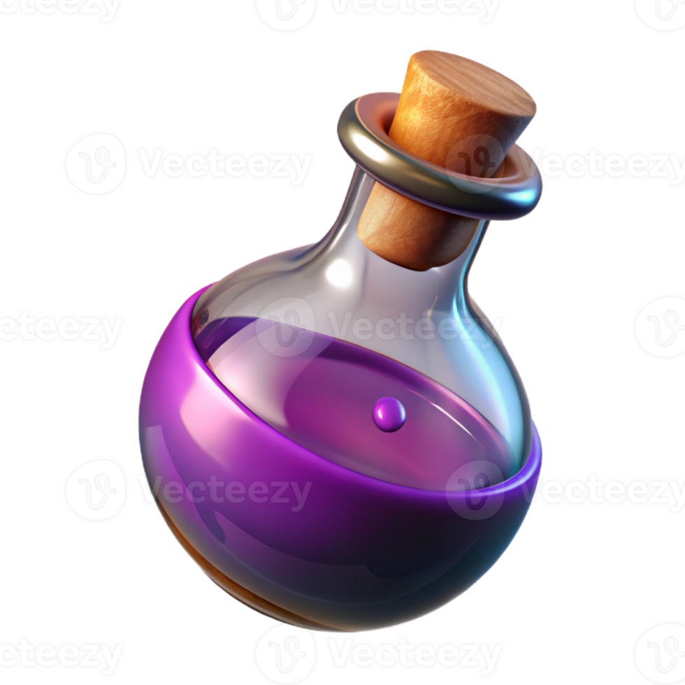 iconic contemporary Photorealistic, hyper-specific professional render of a single, magical potion bottle, swirling liquid, cork stopper with Transparent Background high quality png