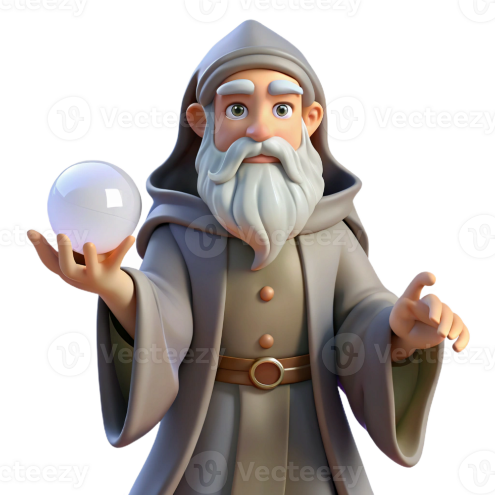 spectacular geometric Concept art style, isolated cutout of a grizzled old wizard with a long white beard, holding a glowing orb with Transparent Background artisan png