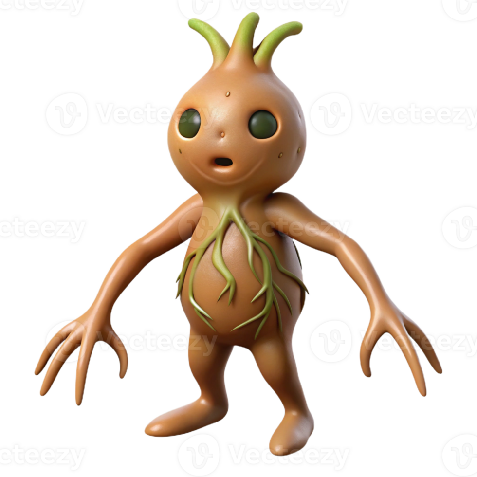 peaceful glorious Hyper-specific, professional render of a single, withered mandrake root, humanoid form with Transparent Background museum quality png