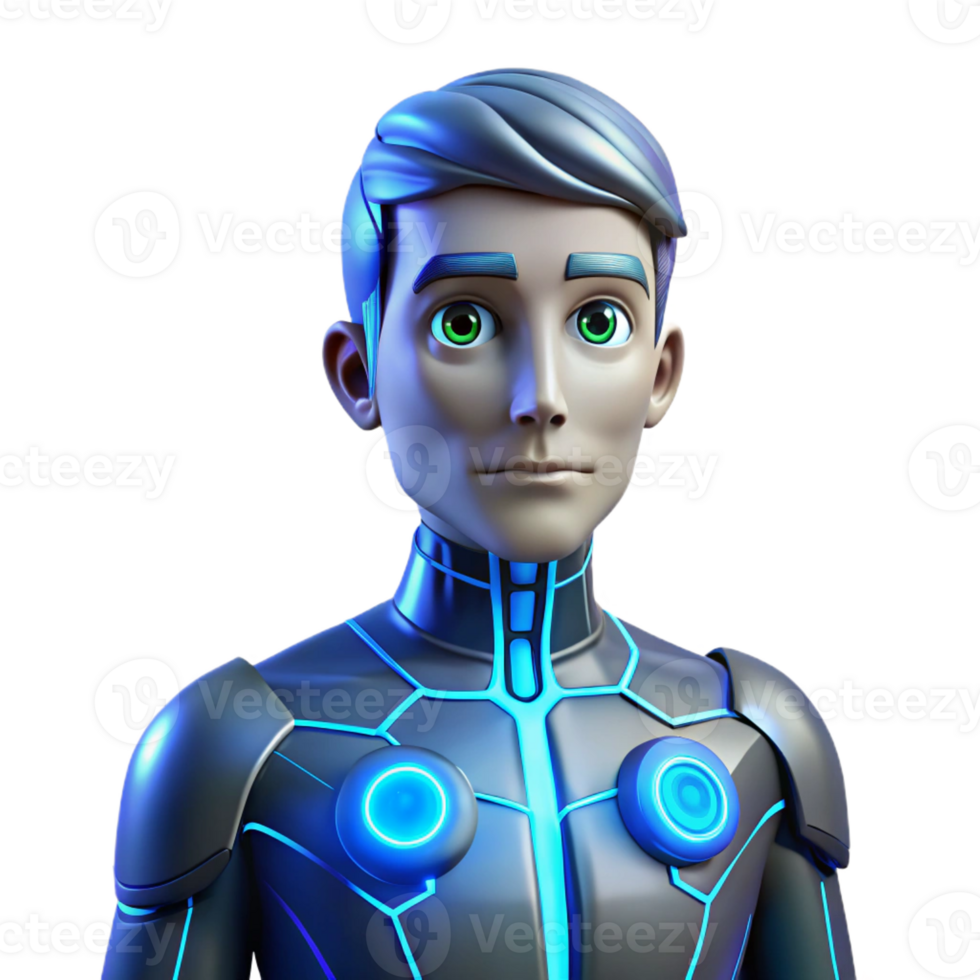 notable impressionist Concept art style, isolated cutout of a cyborg with glowing blue circuitry visible under damaged skin with Transparent Background masterfully captured png