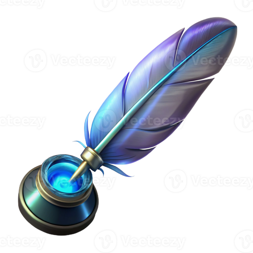 playful magnificent Hyper-specific, professional render of a single, enchanted quill pen, feather, glowing ink with Transparent Background precision png