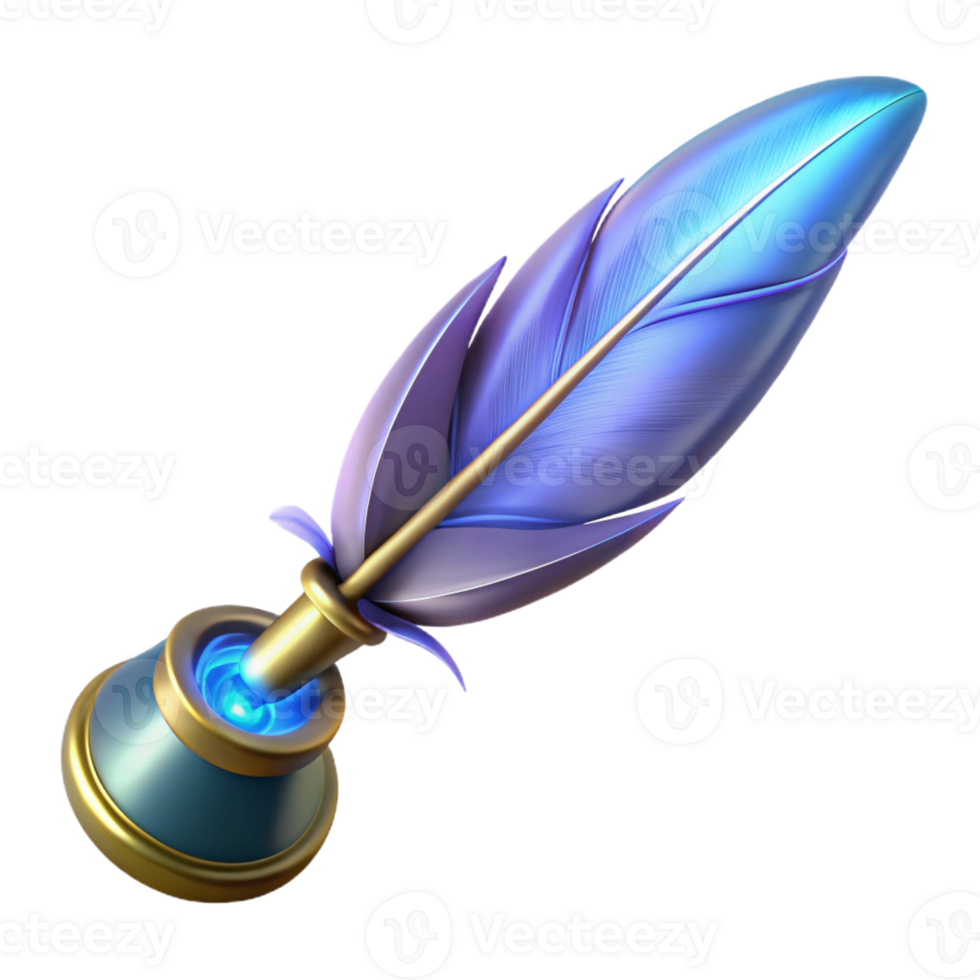 signature modern Hyper-specific, professional render of a single, enchanted quill pen, feather, glowing ink with Transparent Background elite png