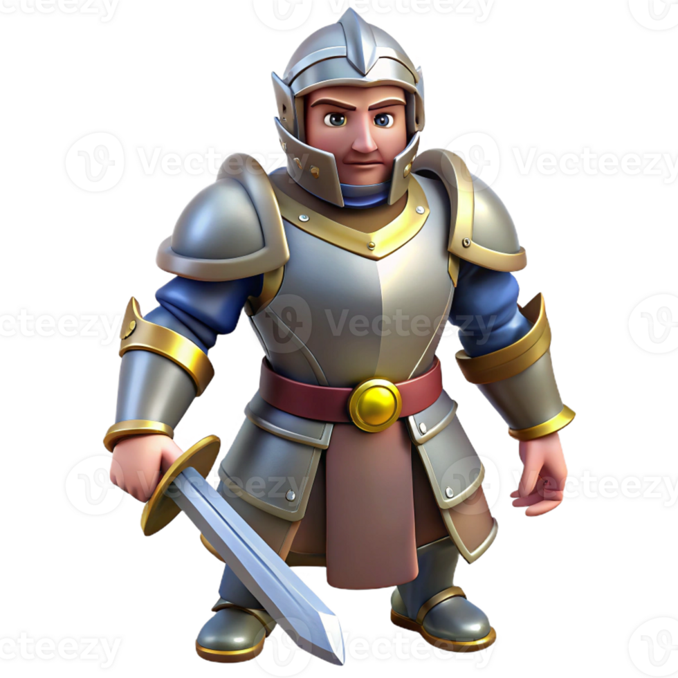 vibrant organic Concept art style, isolated cutout of a medieval knight in full plate armor with a sword with Transparent Background premium png