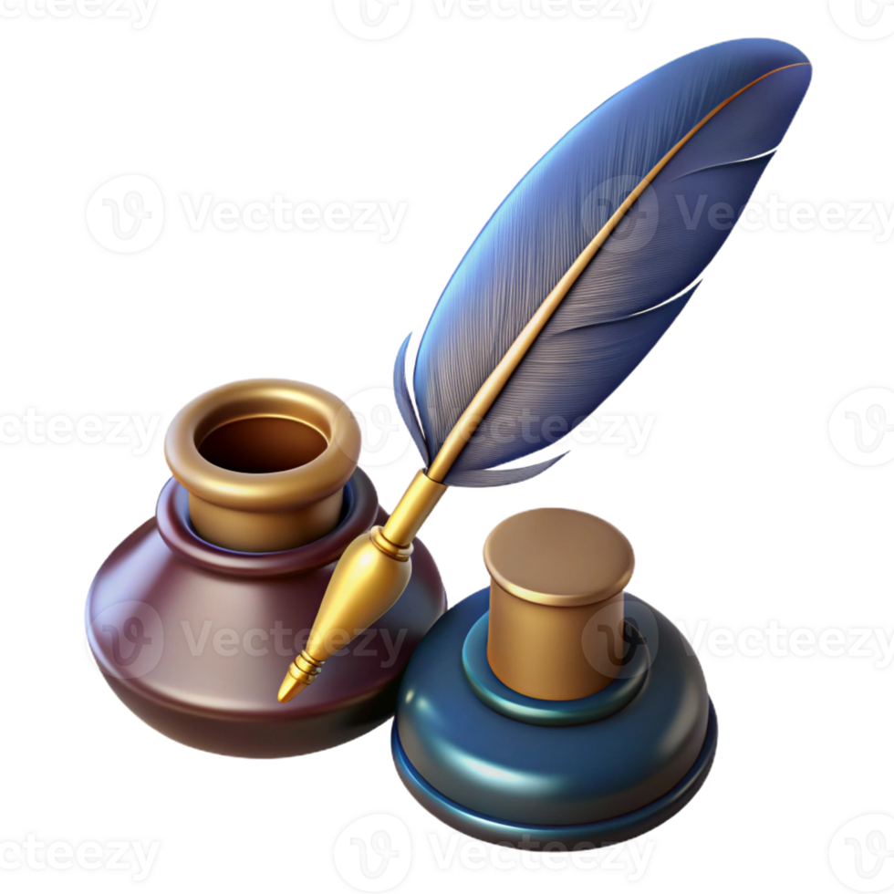 signature art deco Professional render of a vintage quill pen and inkwell, isolated cutout, ultra-detailed with Transparent Background original png