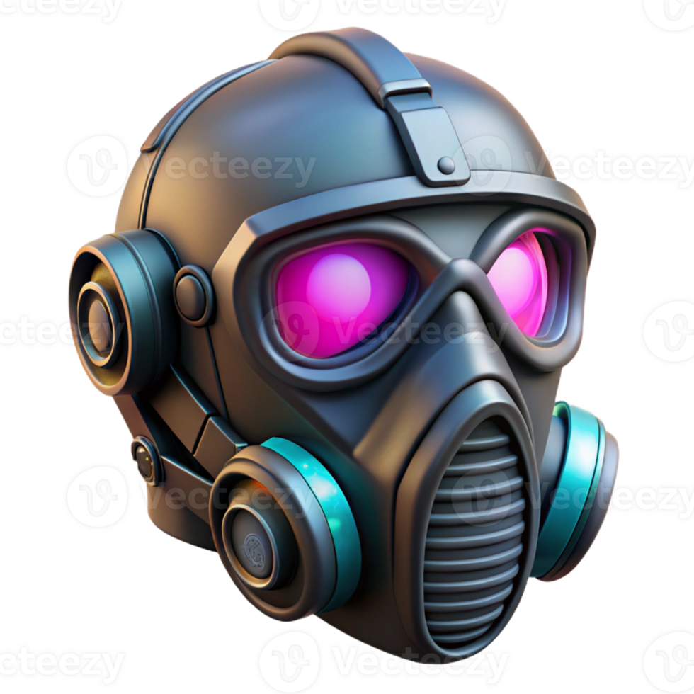 mesmerizing creative Isolated cutout of a photorealistic, ultra-detailed, professional render of a single cyberpunk respirator mask with LED accents with Transparent Background museum quality png