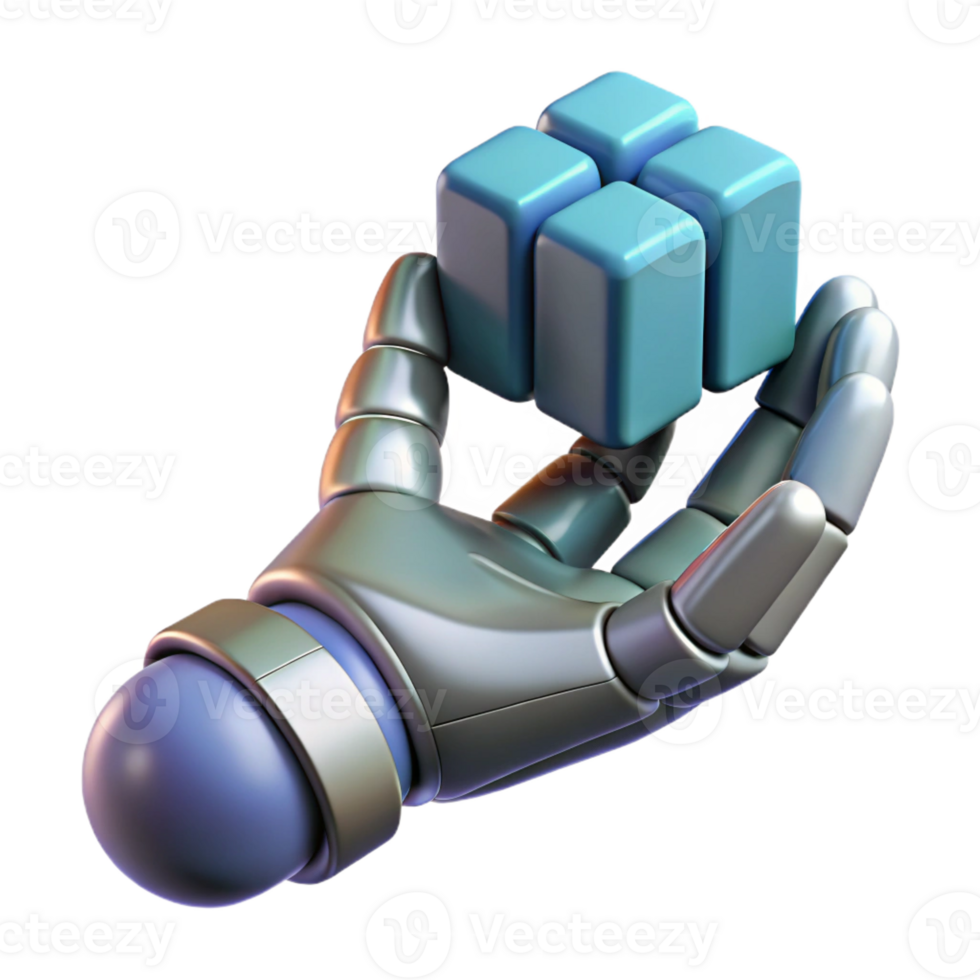 mysterious elegant Concept art style, isolated cutout of a hyper-detailed cyberpunk robotic hand holding a data cube, professional render with Transparent Background 4K png