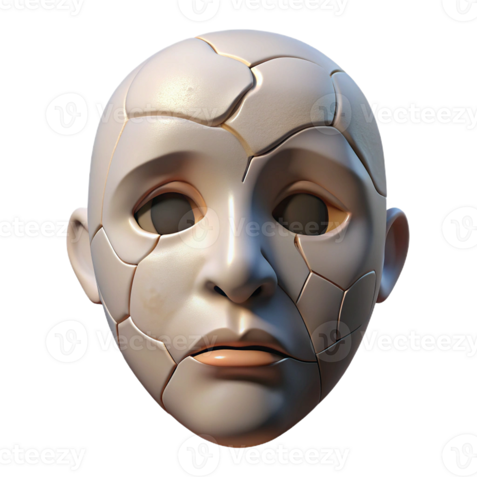 nostalgic serene A cracked porcelain mask expressing sadness with Transparent Background 8K png