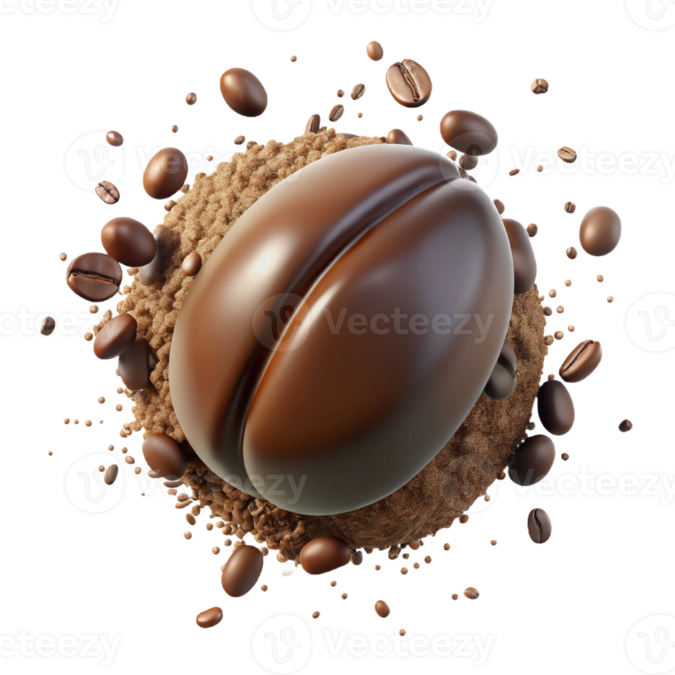 serene industrial A single coffee bean exploding with coffee grounds with Transparent Background perfect clarity png