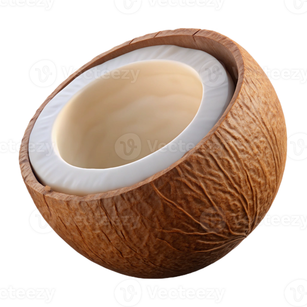 playful dazzling A single coconut, cracked open to reveal the white flesh with Transparent Background luxury png