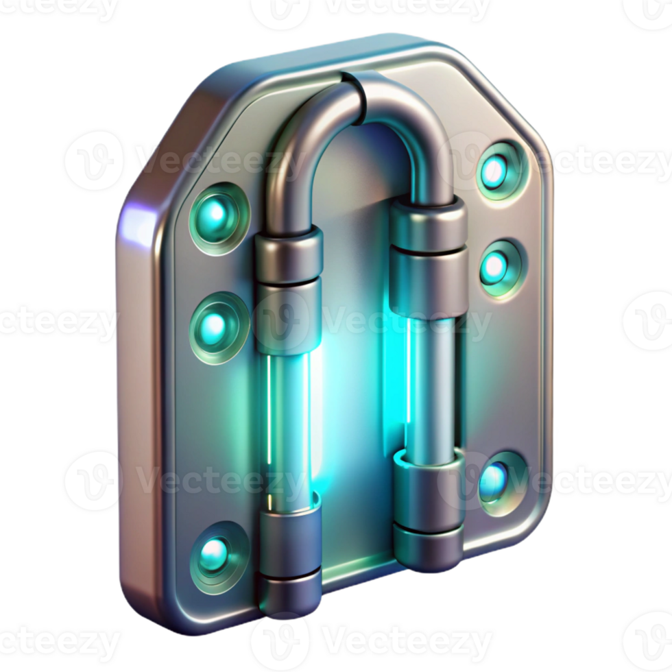 pristine inspired Concept art style, isolated cutout of a futuristic, chrome-plated, bioluminescent door hinge with Transparent Background png