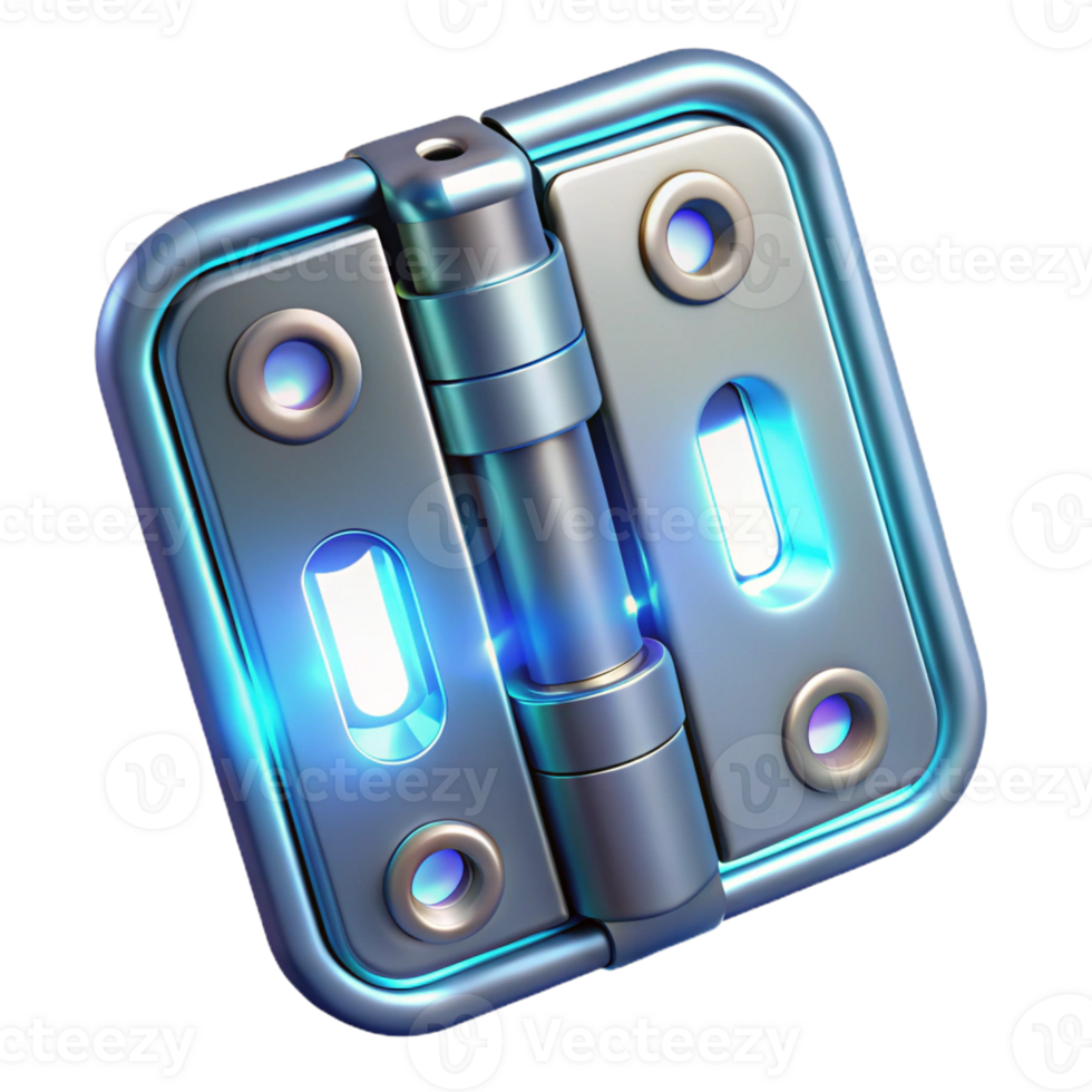 stunning vintage Concept art style, isolated cutout of a futuristic, chrome-plated, bioluminescent door hinge with Transparent Background high quality png