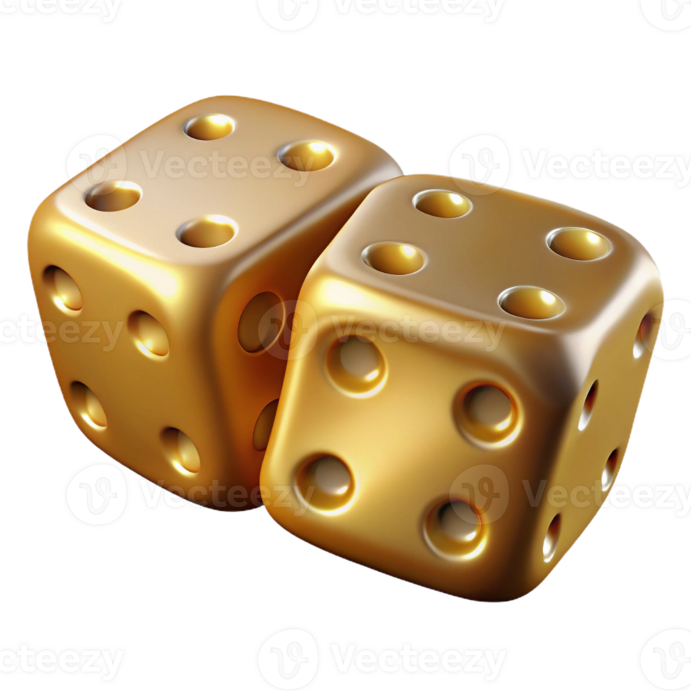 passionate striking A pair of dice showing snake eyes, made of solid gold with Transparent Background masterfully captured png