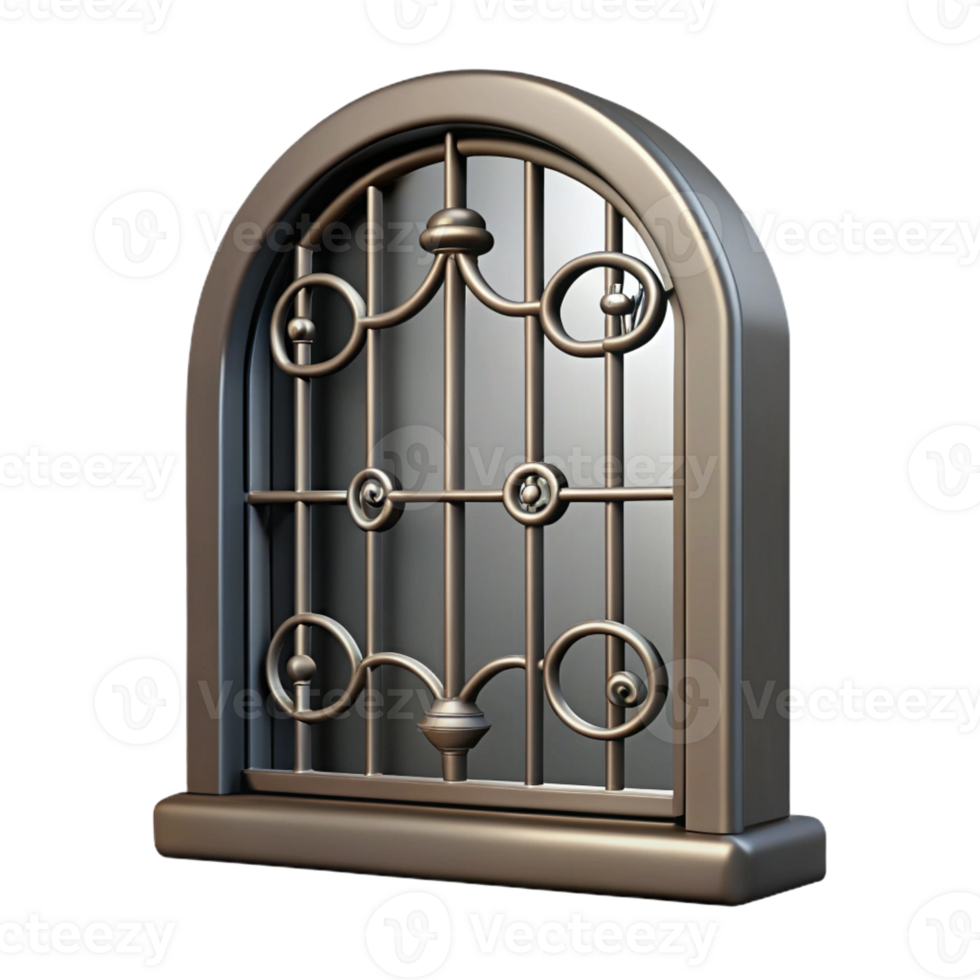 reflective striking Hyper-specific professional render of a single, hand-forged, wrought iron window grill Isolated cutout with Transparent Background gallery standard png