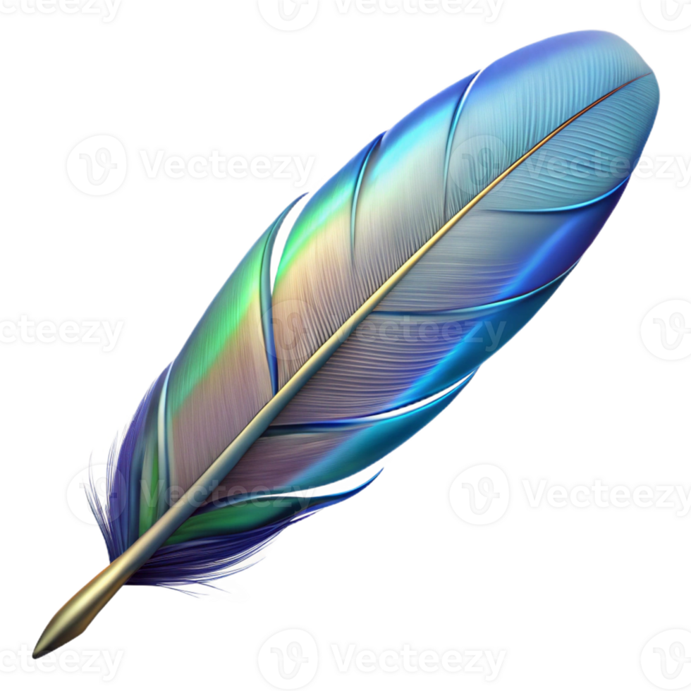 picturesque industrial Hyper-specific, professional render, isolated cutout, photorealistic single, feather with iridescent barbules with Transparent Background professional png
