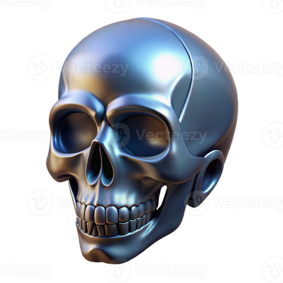 hypnotic signature Concept art style, ultra-detailed, isolated cutout of a single, stylized, metallic skull with Transparent Background png