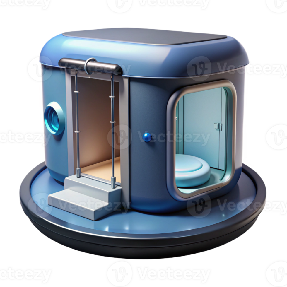 pristine timeless Concept art style, isolated cutout of a magnetically levitating, prefabricated bathroom pod with Transparent Background png