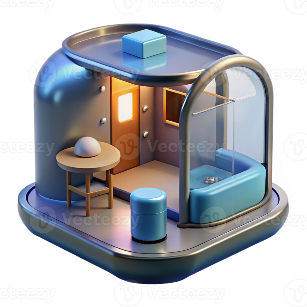 unforgettable bohemian Concept art style, isolated cutout of a magnetically levitating, prefabricated bathroom pod with Transparent Background impeccable png