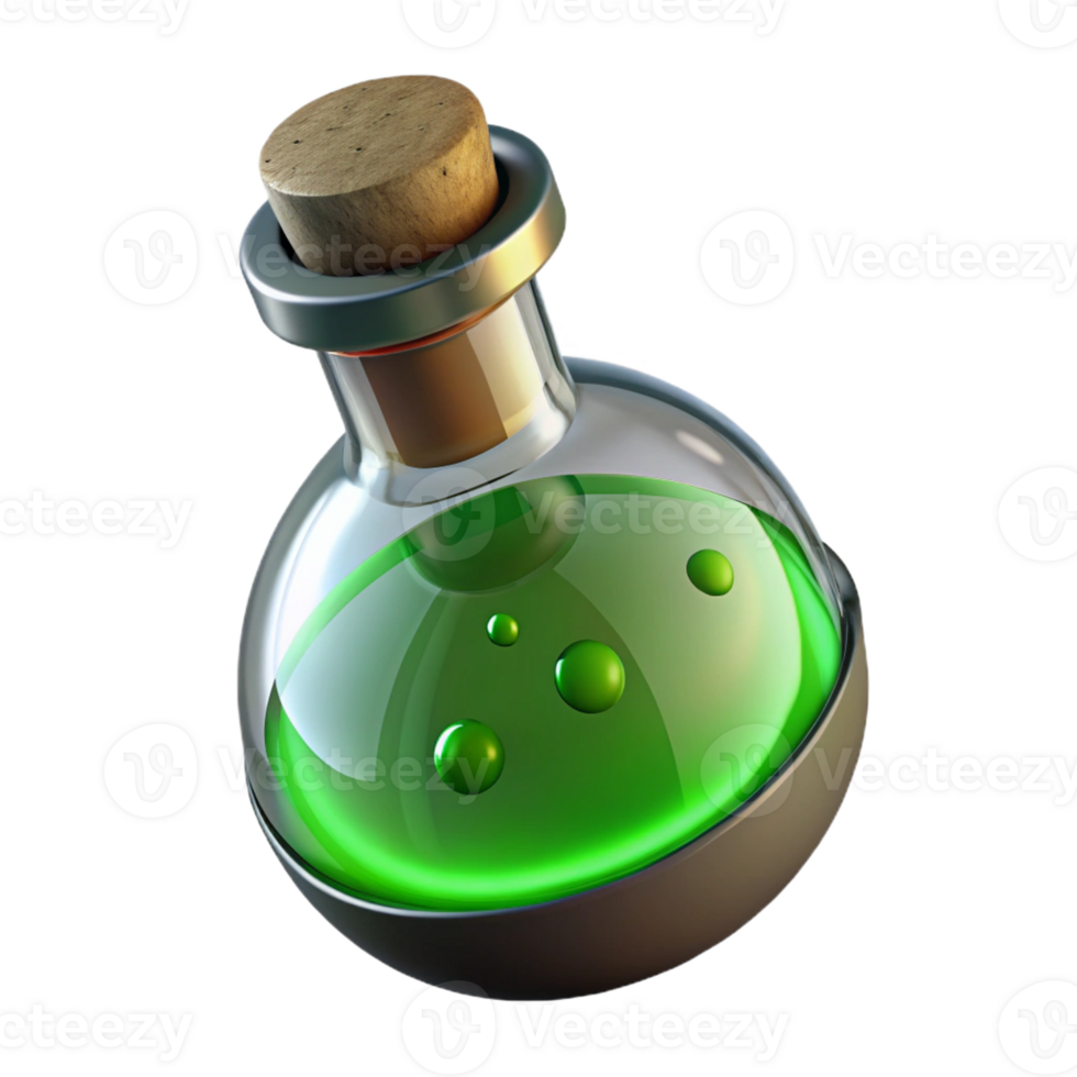harmonious radiant Photorealistic, ultra-detailed isolated cutout of a single, bubbling potion vial with a cork stopper and glowing green liquid, professional render with Transparent Background luxury png
