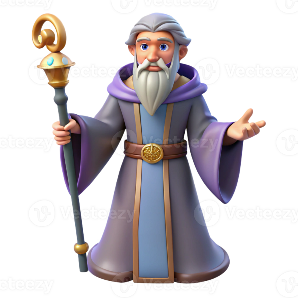 picturesque futuristic A powerful wizard, holding a staff, flowing robes with Transparent Background masterfully captured png