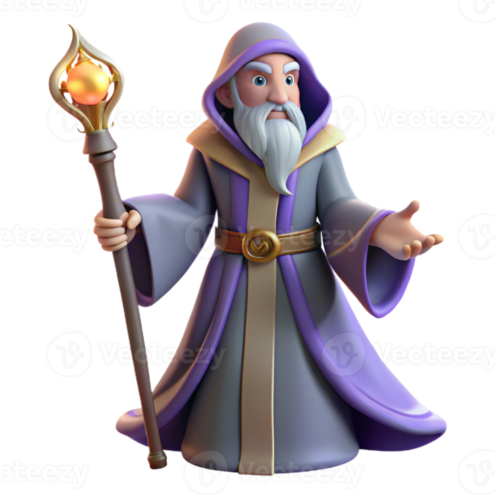 joyful elegant A powerful wizard, holding a staff, flowing robes with Transparent Background high quality png