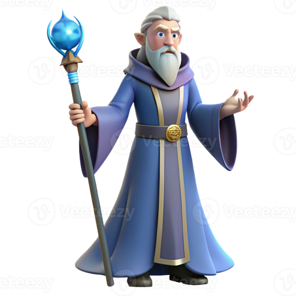 vibrant traditional A powerful wizard, holding a staff, flowing robes with Transparent Background top-tier png