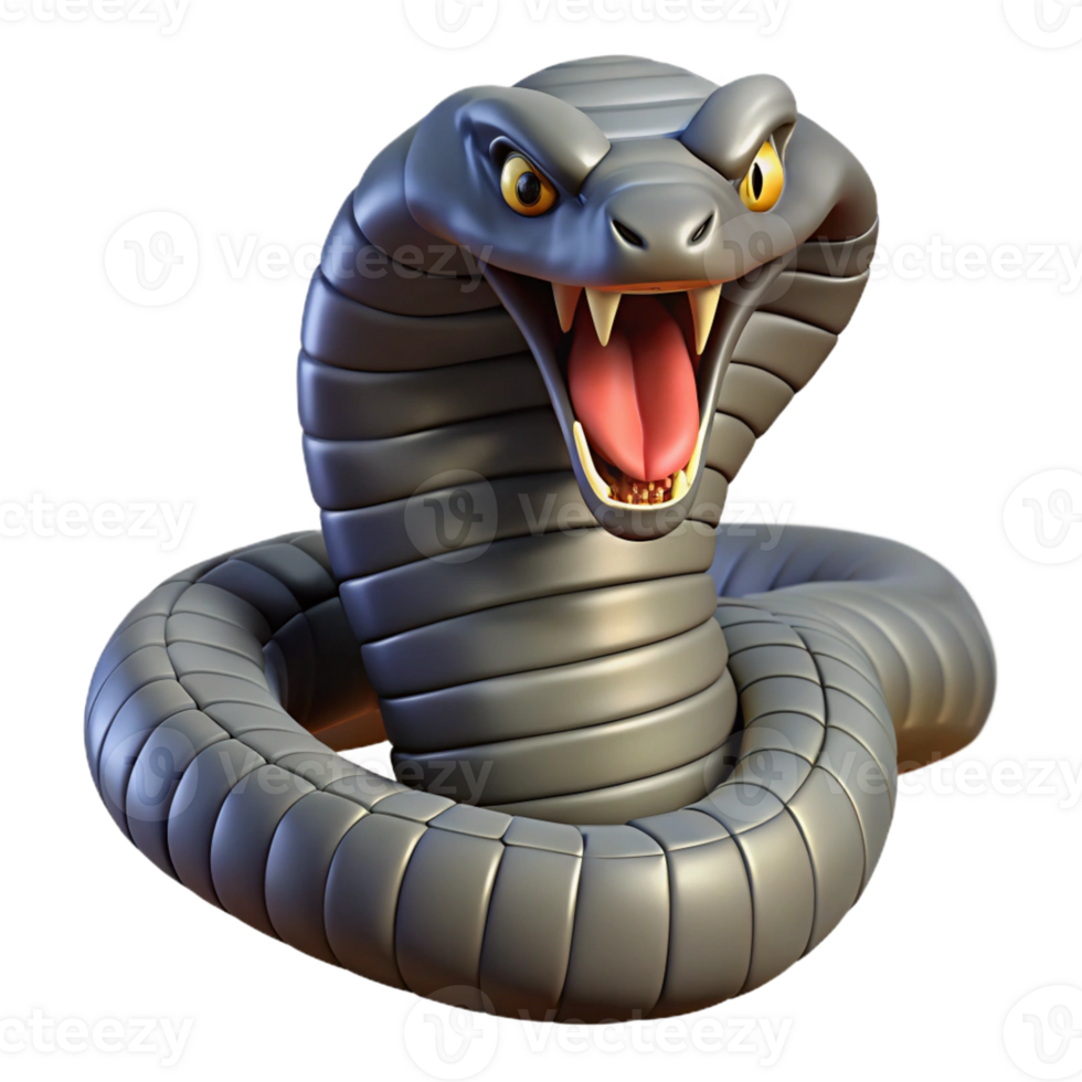 stunning distinguished Hyper-specific concept art style isolated cutout of a professional render of a single, coiled king cobra with hood flared, fangs bared with Transparent Background png