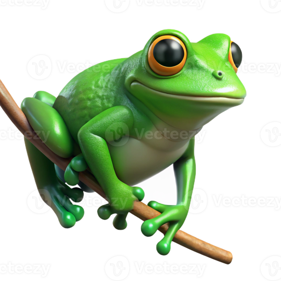 intense radiant Isolated cutout of a photorealistic, ultra-detailed professional render of a single green tree frog clinging to a thin, bare branch with Transparent Background premium png