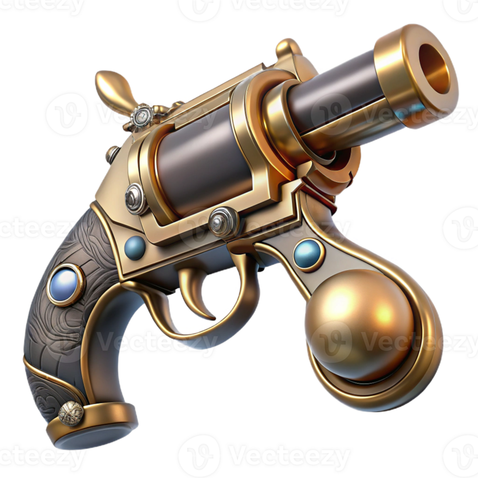 peaceful radiant Steampunk pistol with engraved details and pearl handle with Transparent Background sharp png