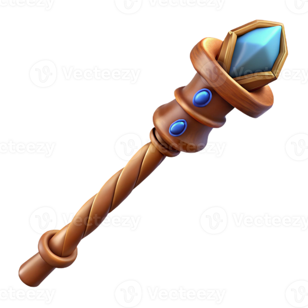 standout futuristic Photorealistic, ultra-detailed isolated cutout of a single, gnarled wooden wand with embedded crystals, professional render with Transparent Background exclusive png