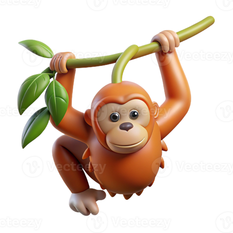 striking quintessential Hyper-specific concept art style, isolated cutout professional render of a single orangutan hanging from a single thick vine with Transparent Background png