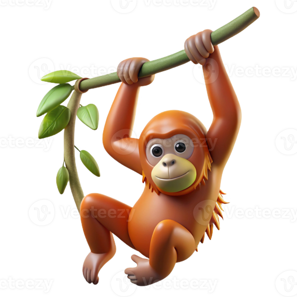 passionate breathtaking Hyper-specific concept art style, isolated cutout professional render of a single orangutan hanging from a single thick vine with Transparent Background professional png