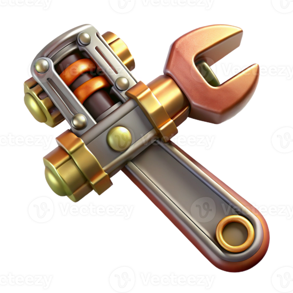 radiant rustic Steampunk wrench with adjustable jaws and brass accents with Transparent Background high quality png