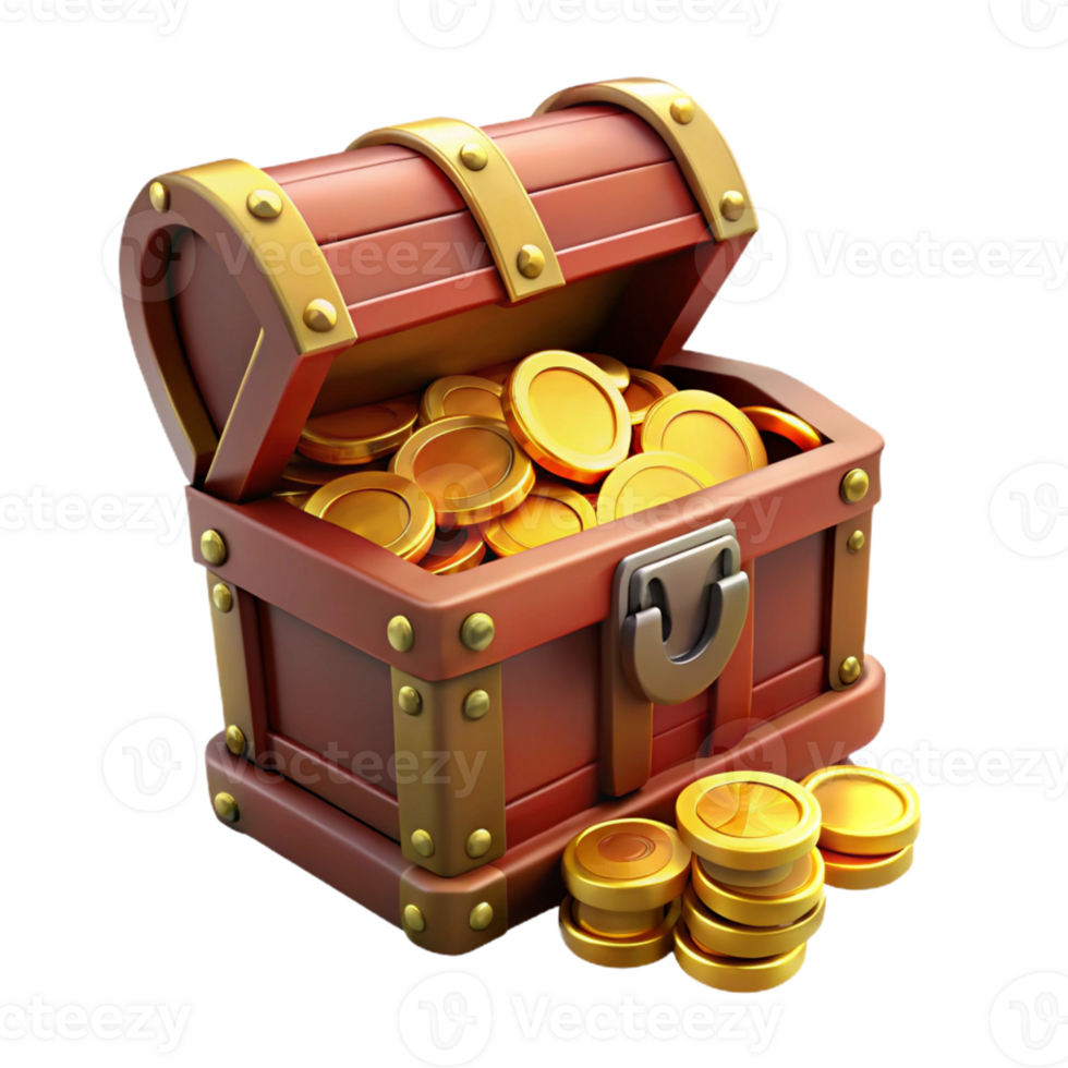 quintessential gothic Hyper-specific, concept art style, professional render of an isolated cutout, ornate treasure chest overflowing with gold coins with Transparent Background exclusive png